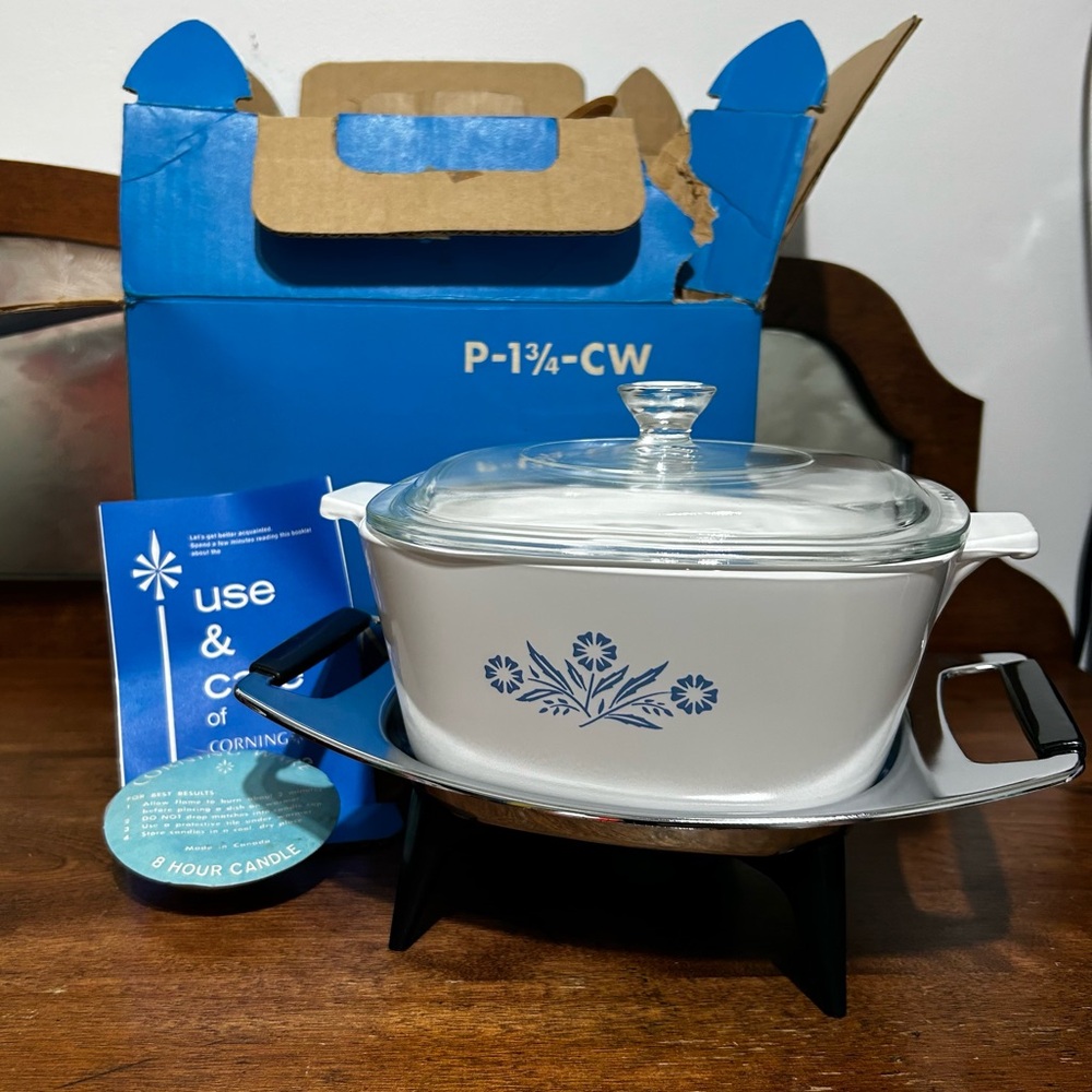 Vintage Corning Ware Cornflower Casserole Party Buffet - Warmer, Candle, Box